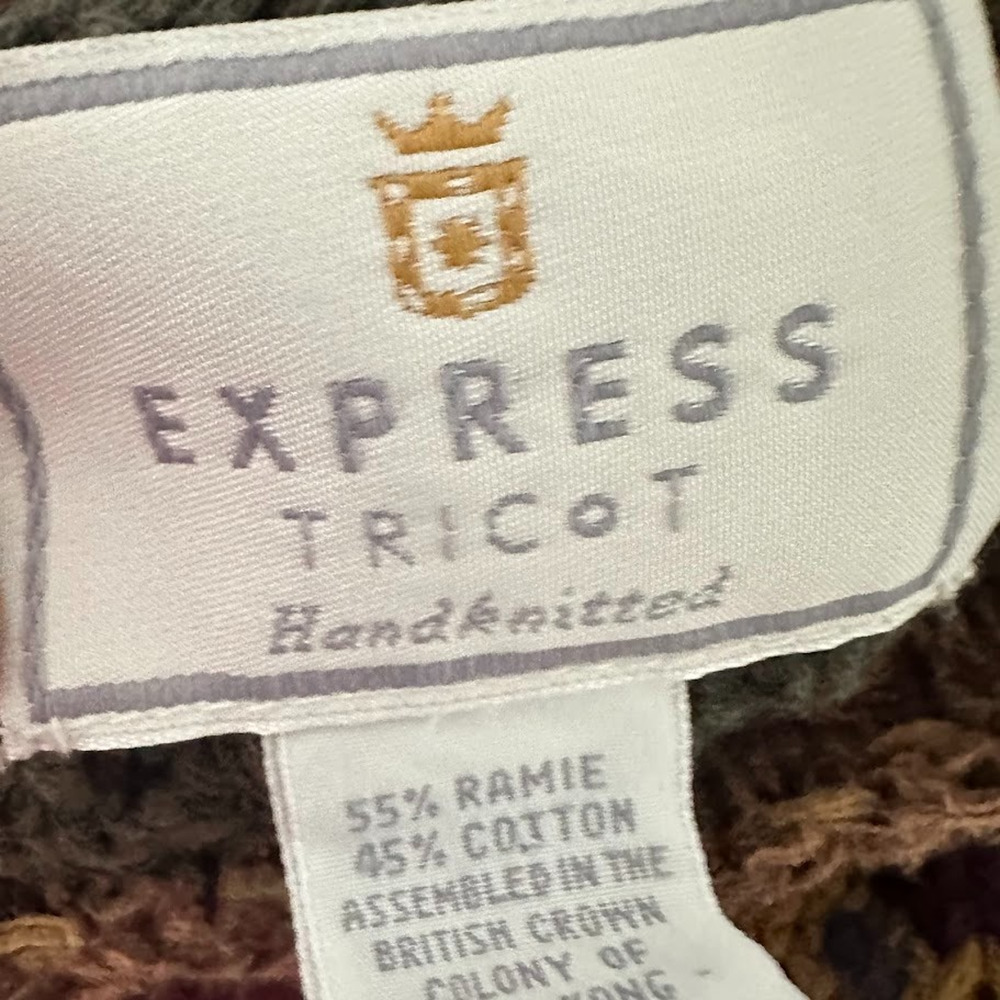 Vintage 90s Express Tricot Hand Knitted Sweater Medium Leaves Patchwork Boho - Picture 6 of 9